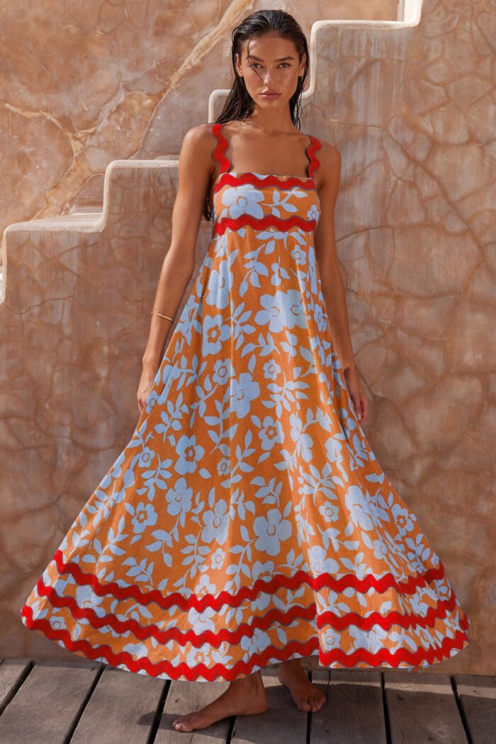 Flowers Print Wavy Pattern Suspender Long Dress For Women Fashion A-Line Beach Dresses Womens Clothing - Image 4