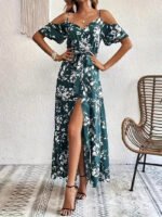 Ins Off-Shoulder Split Dress Summer Floral Print Suspender Long Dresses With Belt Design Women's Beach Clothing - Image 6