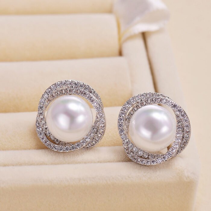 Diamond Rose Pearl Stud Earrings All-match Silver Needle Inlaid With Rhinestone - Image 6