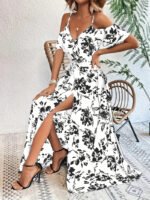 Ins Off-Shoulder Split Dress Summer Floral Print Suspender Long Dresses With Belt Design Women's Beach Clothing - Image 9