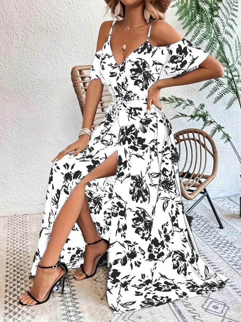 0c0e8dbc-2aab-4d00-9ed3-c1ad37a1bd54.jpg Ins Off-Shoulder Split Dress Summer Floral Print Suspender Long Dresses With Belt Design Women's Beach Clothing - Image 9