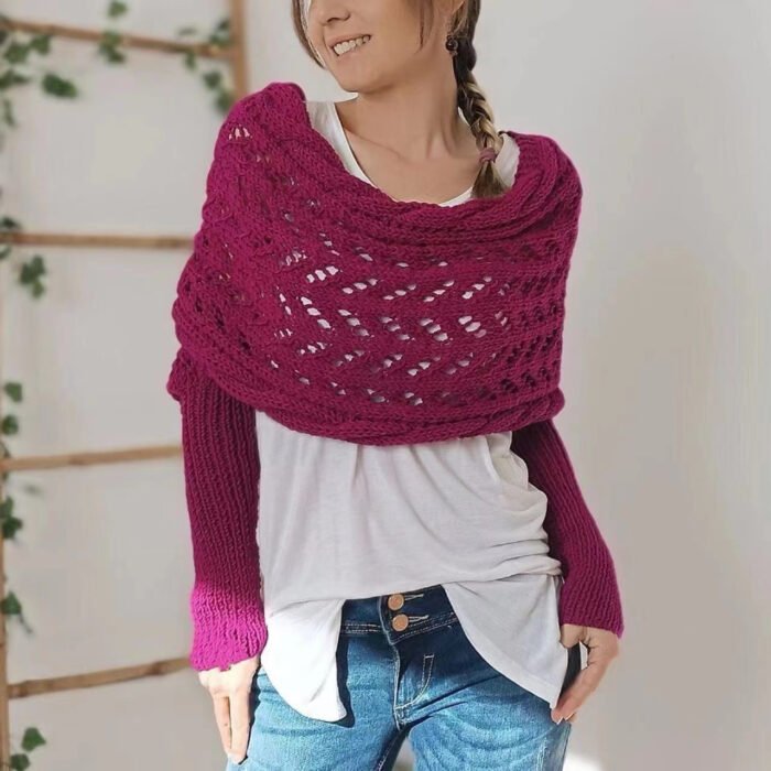 Autumn And Winter Warm Knitted Shawl Women's Hollowed-out Double Sleeve Shawl Collar Fashion Natural For Home And Party - Image 9
