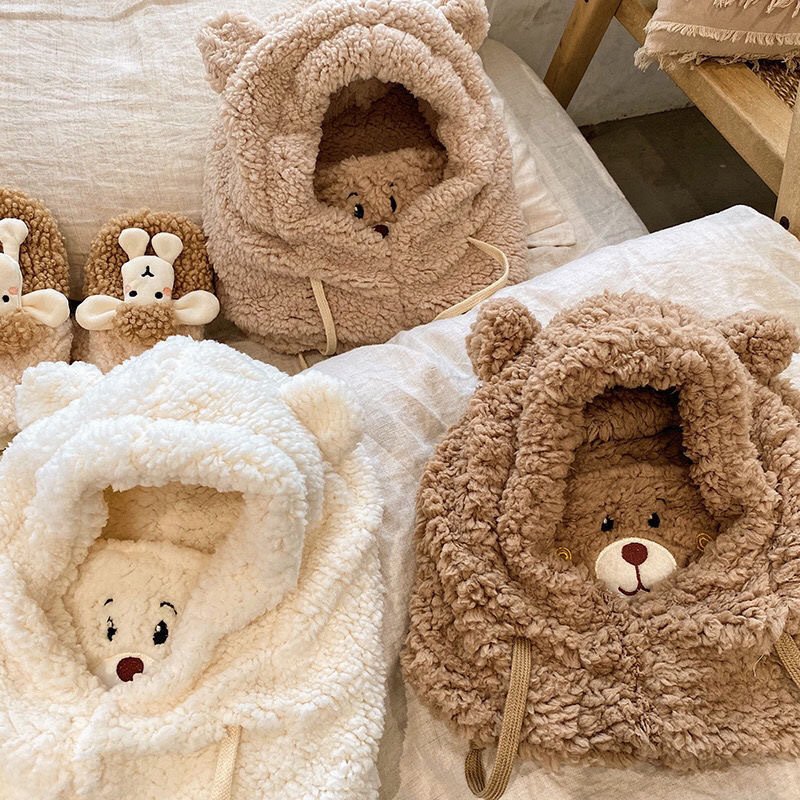 1034176583198.jpg Cute Bear Plush Hat Winter Warm Thickened Scarf With Mask Anf Drawstring Design - Image 4