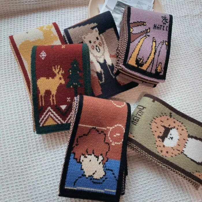 Winter Warm Neck Scarf for Women Cartoon Printed Kerchief Knitted Scarfs - Image 1