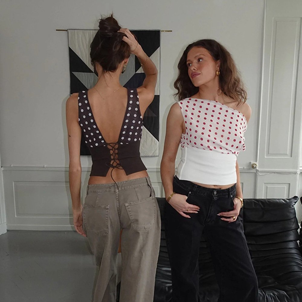 11dfdf03-9048-407c-af2d-23c4e94566f7.jpg Polka Dots Print Oblique Shoulder Tops Summer Patchwork Chiffon Crop Top Women Sexy Sleeveless Lace Up Backless Blouse Casual Streetwear Tee - Image 5