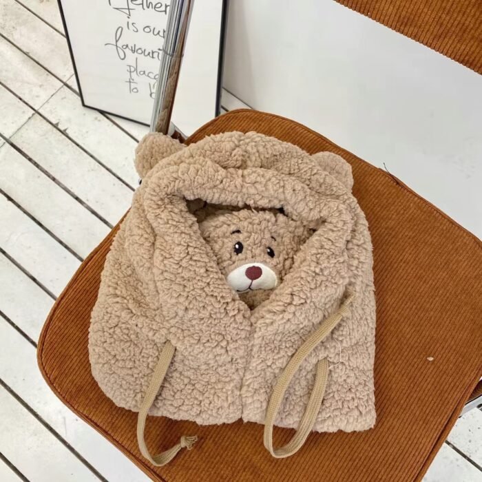 Cute Bear Plush Hat Winter Warm Thickened Scarf With Mask Anf Drawstring Design - Image 9