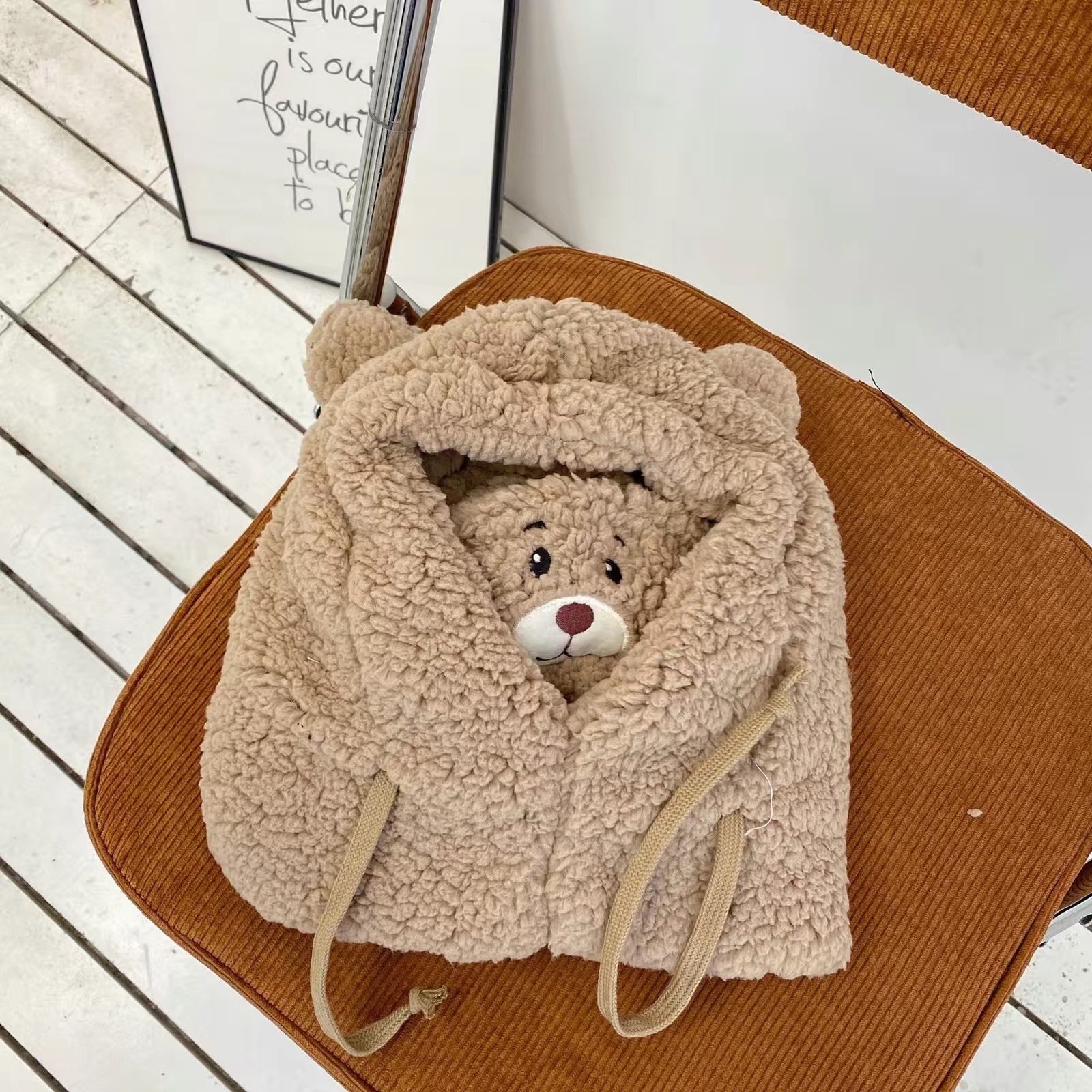 125837329811.jpg Cute Bear Plush Hat Winter Warm Thickened Scarf With Mask Anf Drawstring Design - Image 9