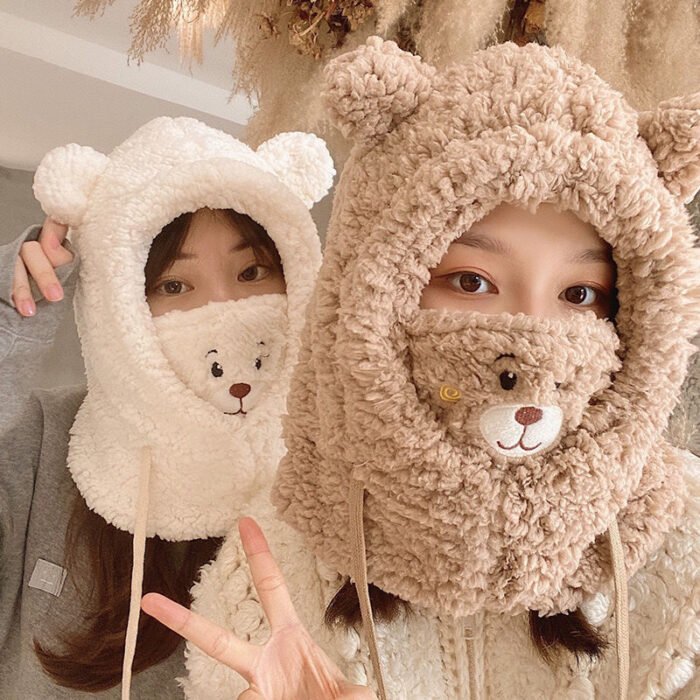 Cute Bear Plush Hat Winter Warm Thickened Scarf With Mask Anf Drawstring Design - Image 1