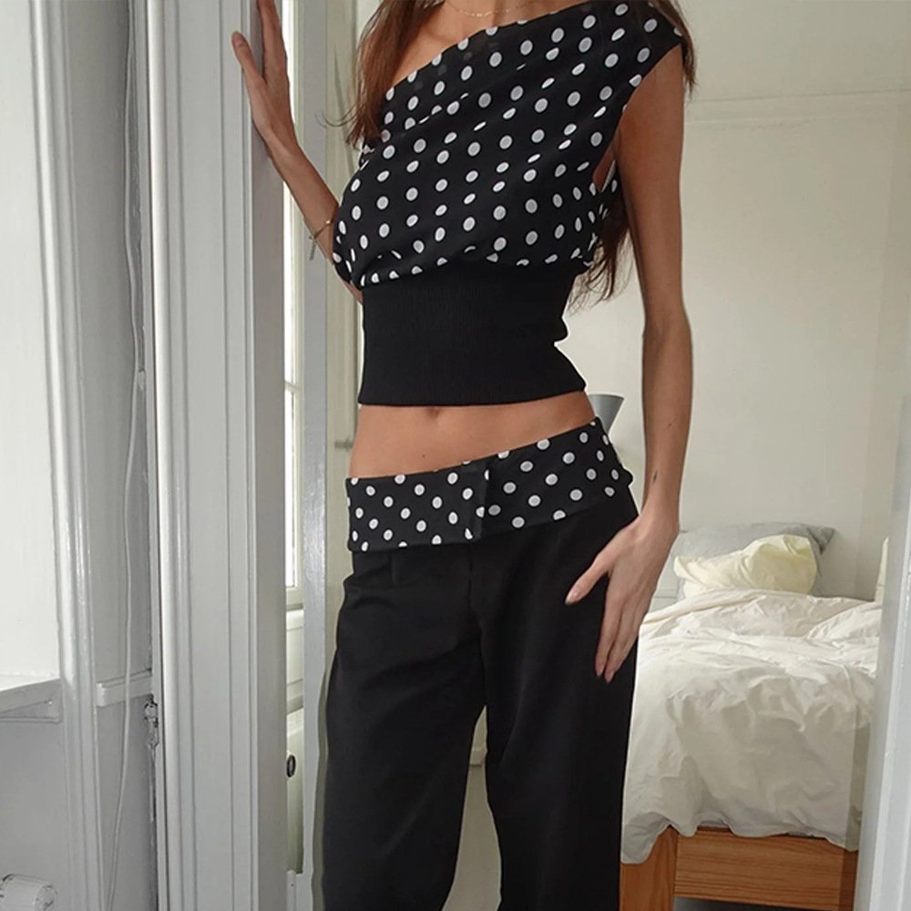 15287b8b-52c9-4ec2-b6d4-754d0d2257b9.jpg Polka Dots Print Oblique Shoulder Tops Summer Patchwork Chiffon Crop Top Women Sexy Sleeveless Lace Up Backless Blouse Casual Streetwear Tee - Image 7