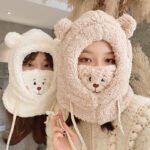 Cute Bear Plush Hat Winter Warm Thickened Scarf With Mask Anf Drawstring Design - Image 2