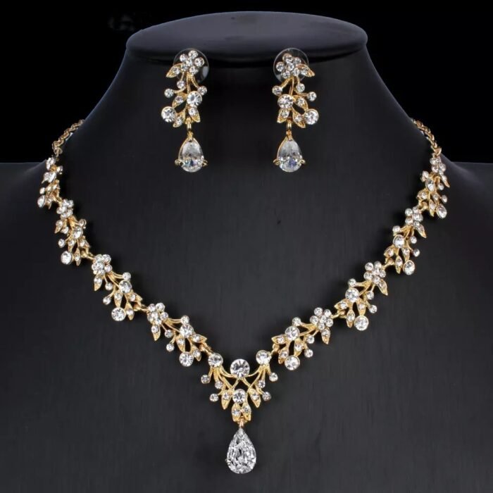 Golden Zircon Jewelry Set Bridal Necklace Earrings Wedding Two-piece Set - Image 7