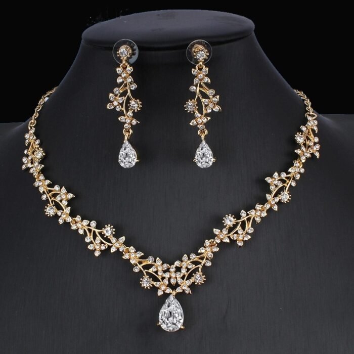 Golden Zircon Jewelry Set Bridal Necklace Earrings Wedding Two-piece Set - Image 1