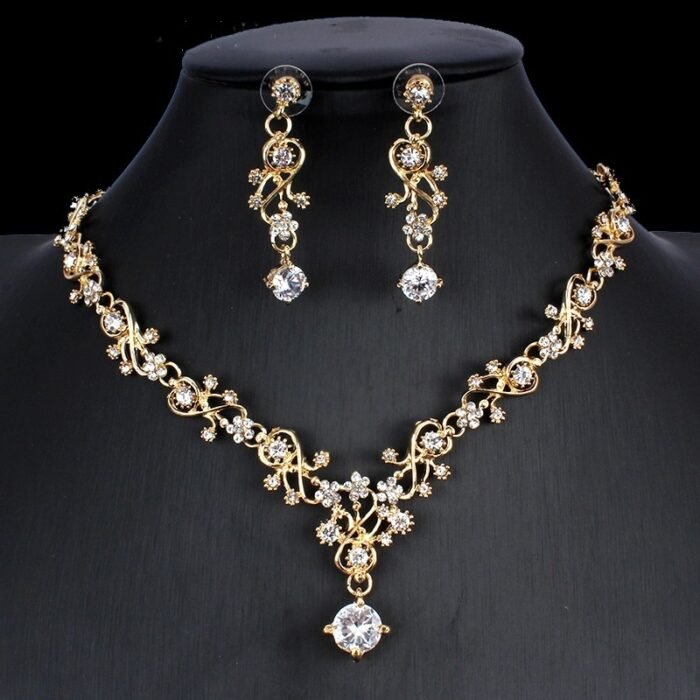 Golden Zircon Jewelry Set Bridal Necklace Earrings Wedding Two-piece Set - Image 6