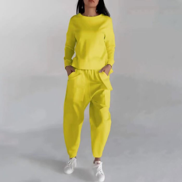 Solid Color Fashion Sweatshirt Long Sleeve Back Slit Top With Pockets Loose Trousers Women's Clothing - Image 4