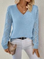 Loose Hollow Knitted Sweater Long-sleeved Pullover V-neck Top Women's Clothing - Image 9