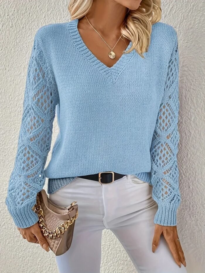 Loose Hollow Knitted Sweater Long-sleeved Pullover V-neck Top Women's Clothing - Image 9