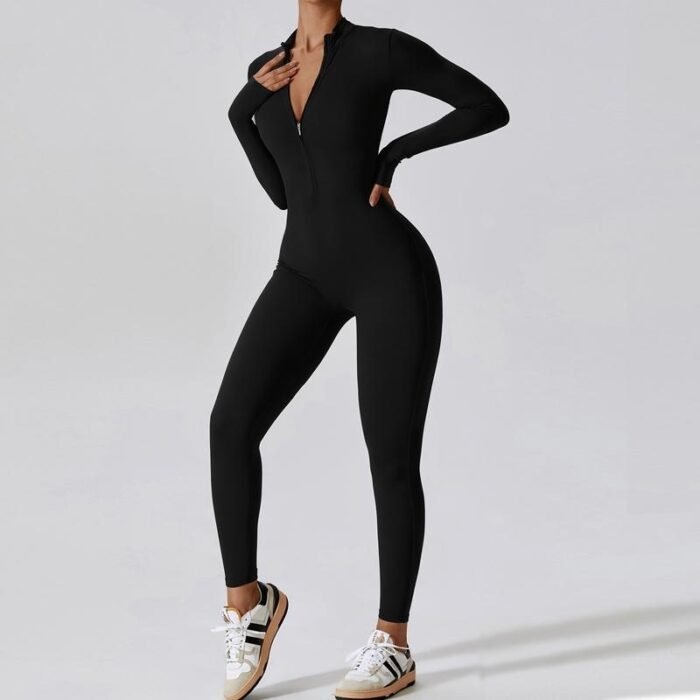 Zipper Long Sleeve Jumpsuit Yoga Fitness Training Pants Tight Hip Seamless Sports Jumpsuit For Women Clothing - Image 5