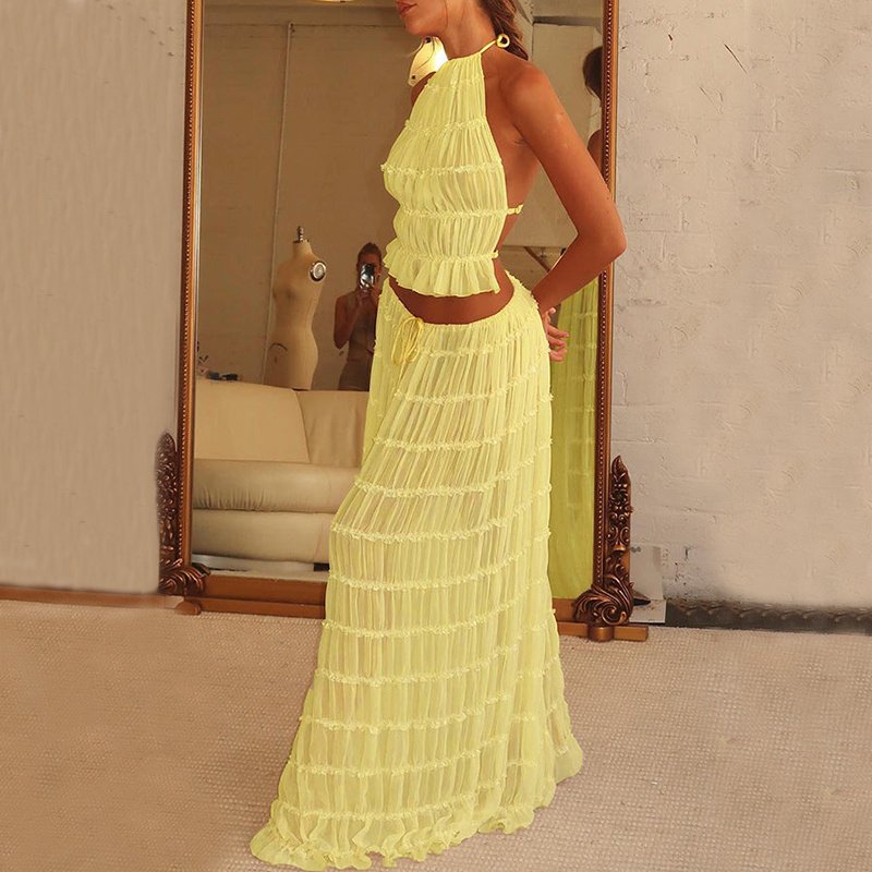 18a48f68-3c8d-4994-ae6a-64fe50e26731.jpg 2pcs Women's Dress Suit Sexy Sleeveless Backless Cropped Halter Top And Pleated Long Skirt Beach Clothing - Image 8