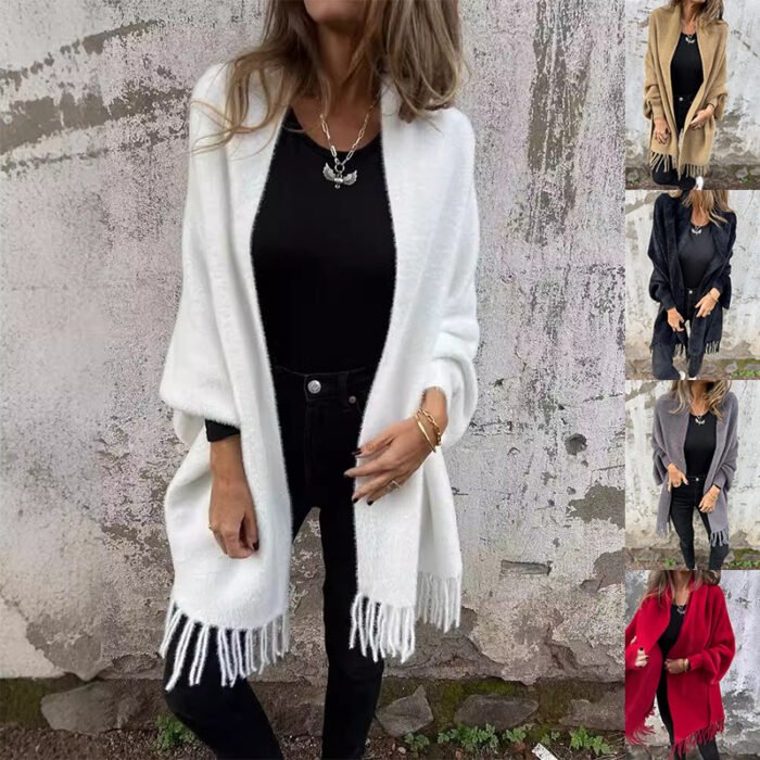 Women's Knitted Batwing Sleeve Cardigan With Tassel Design Fashion Loose Shawl Outwear Clothing - Image 1