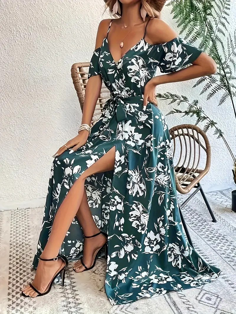1fbc9bc0-8219-435a-ae7d-d369535707bb.jpg Ins Off-Shoulder Split Dress Summer Floral Print Suspender Long Dresses With Belt Design Women's Beach Clothing - Image 7