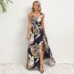 V-neck Floral Print Long Dress Summer Fashion Waist Tie Slit Design Sleeveless Dress For Womens Clothing - Image 8