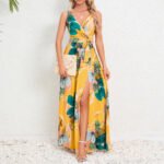 V-neck Floral Print Long Dress Summer Fashion Waist Tie Slit Design Sleeveless Dress For Womens Clothing - Image 9