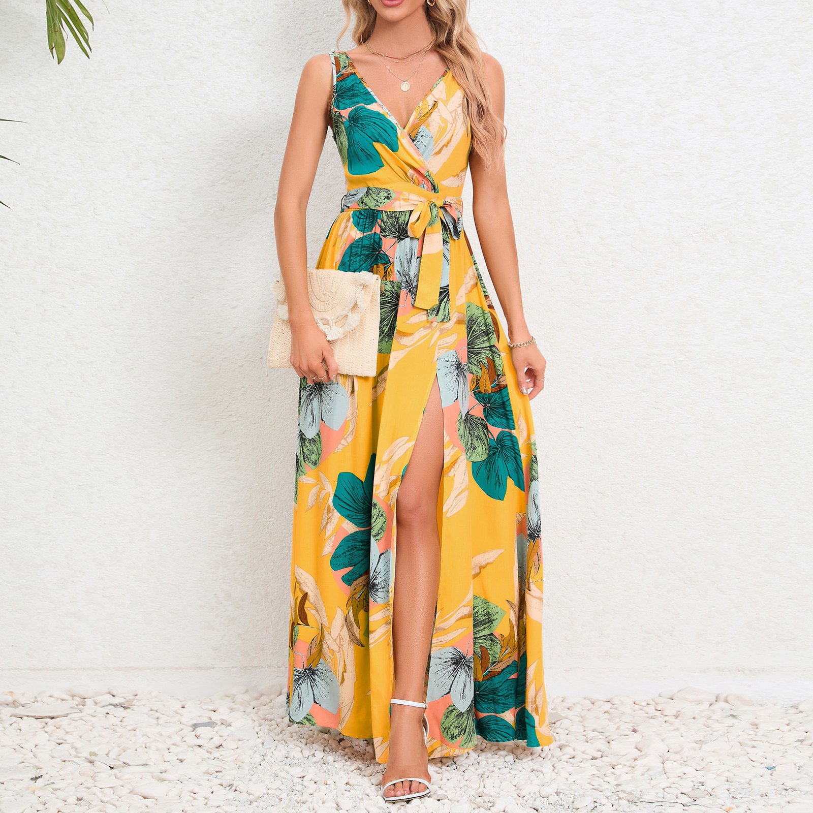 26666c49-9dca-495c-b8a7-d972a7e0721b.jpg V-neck Floral Print Long Dress Summer Fashion Waist Tie Slit Design Sleeveless Dress For Womens Clothing - Image 9
