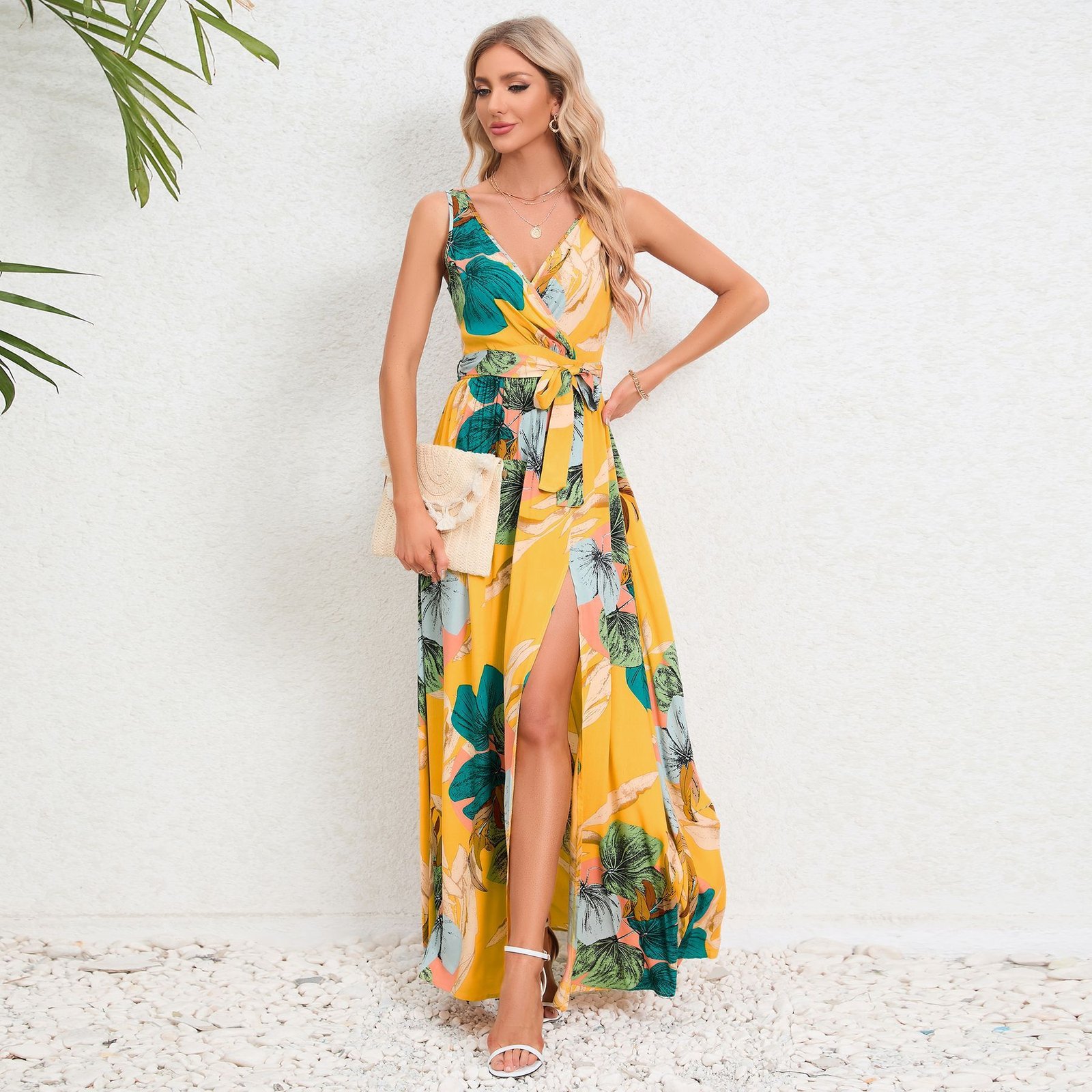 27269f3f-10fe-442a-ade1-57540acfe705.jpg V-neck Floral Print Long Dress Summer Fashion Waist Tie Slit Design Sleeveless Dress For Womens Clothing - Image 5