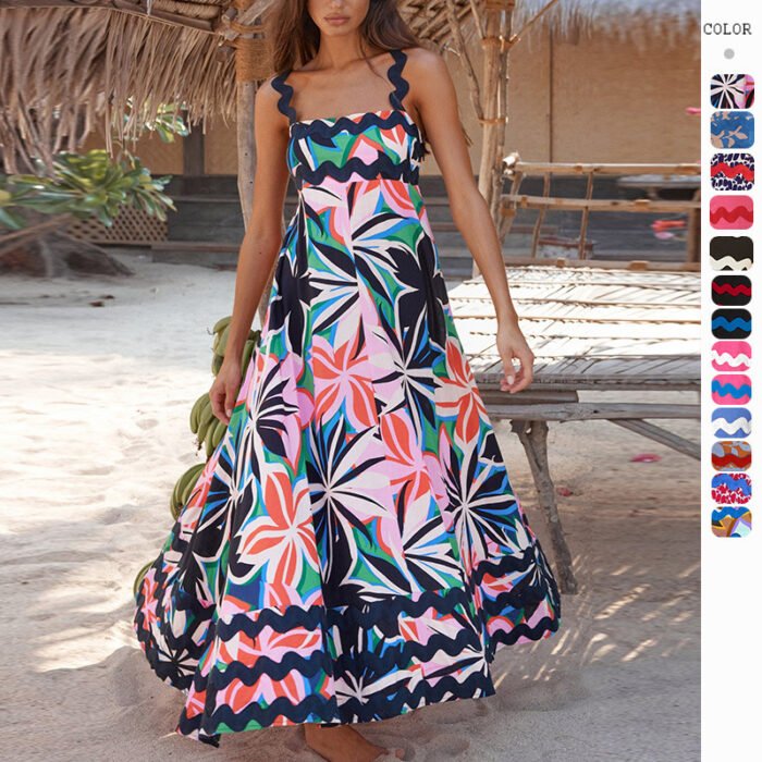 Flowers Print Wavy Pattern Suspender Long Dress For Women Fashion A-Line Beach Dresses Womens Clothing - Image 1