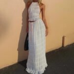 2pcs Women's Dress Suit Sexy Sleeveless Backless Cropped Halter Top And Pleated Long Skirt Beach Clothing - Image 7