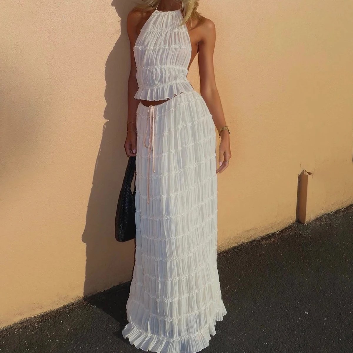 28282832-1885-4c8c-b362-b7f2931a3791.jpg 2pcs Women's Dress Suit Sexy Sleeveless Backless Cropped Halter Top And Pleated Long Skirt Beach Clothing - Image 7