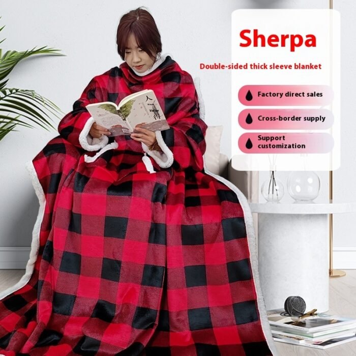 Household Lambswool Wearable Sleeved Warm Large Pocket Lazy Blanket - Image 1