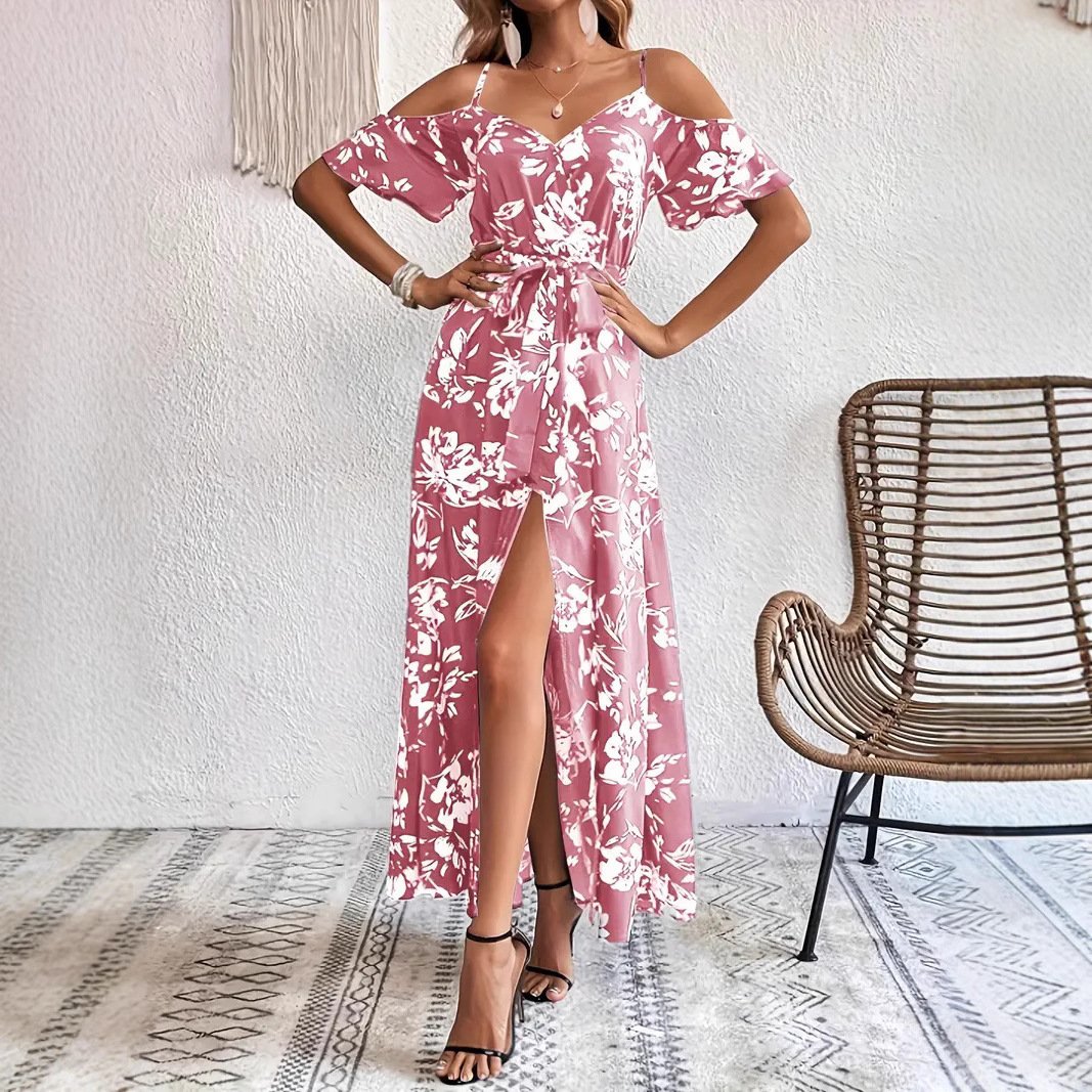 2a0593f1-a77a-4646-89e1-f00125a54cc8.jpg Ins Off-Shoulder Split Dress Summer Floral Print Suspender Long Dresses With Belt Design Women's Beach Clothing - Image 2