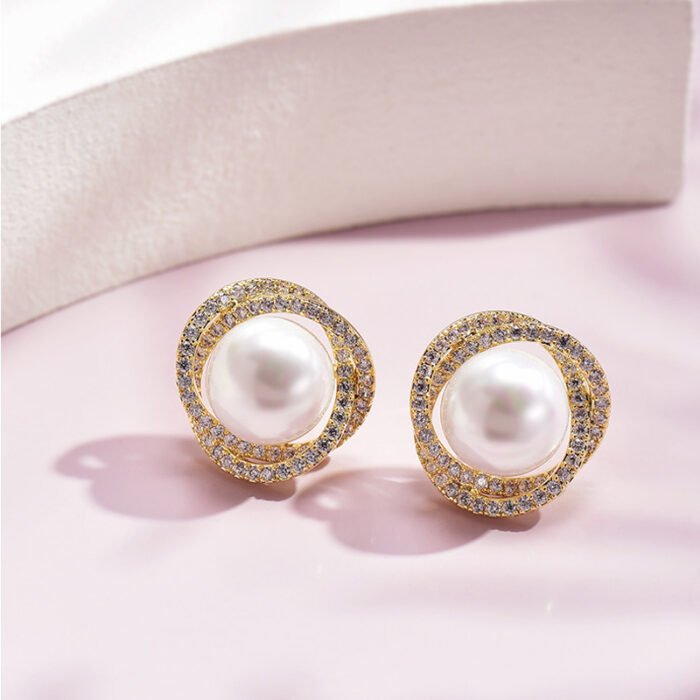 Diamond Rose Pearl Stud Earrings All-match Silver Needle Inlaid With Rhinestone - Image 2