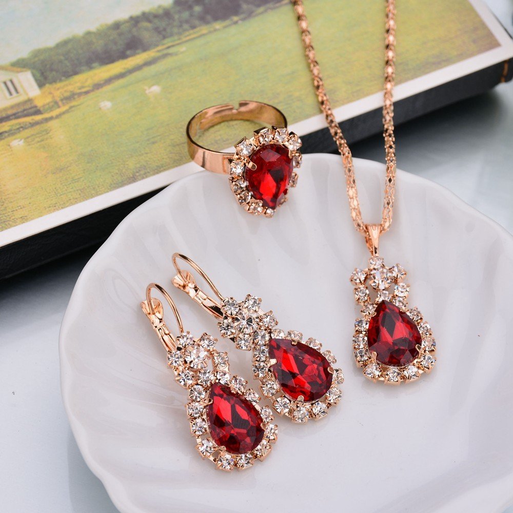 3202295560_846008201.jpg Europe And The United States Personalized Water Drop Color Diamond Necklace, Earrings, Rings Set, Shiny High-end Bridal Jewelry Wholesale - Image 1