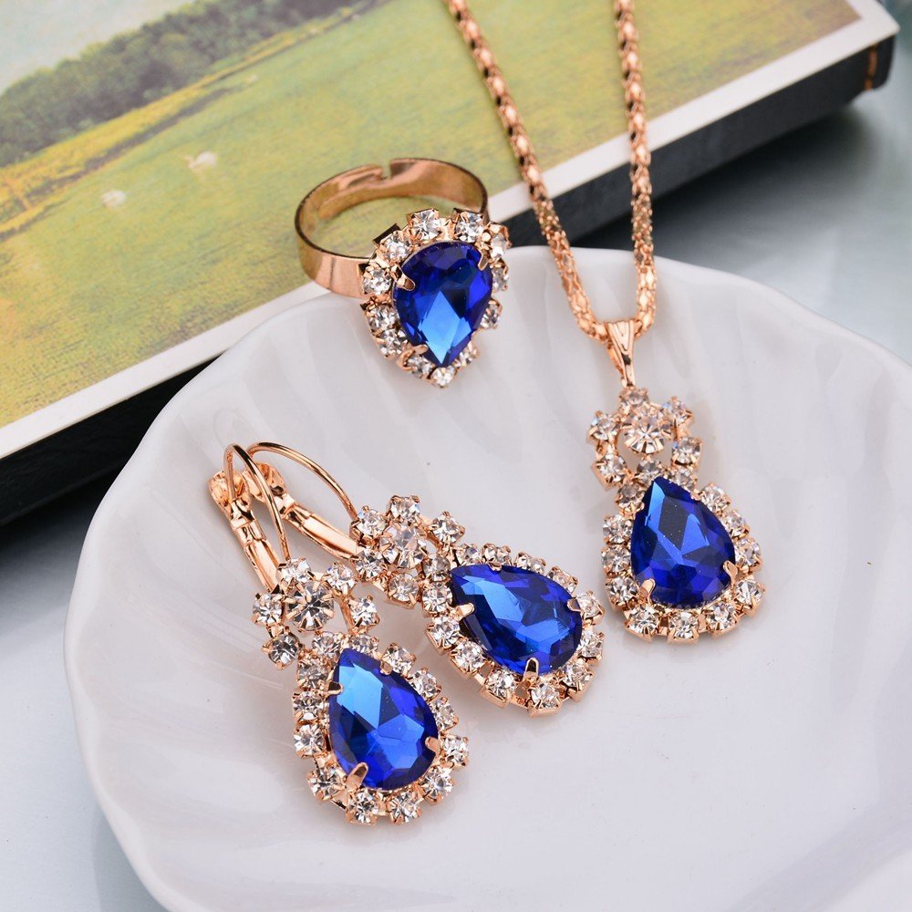 3202307251_846008201.jpg Europe And The United States Personalized Water Drop Color Diamond Necklace, Earrings, Rings Set, Shiny High-end Bridal Jewelry Wholesale - Image 3