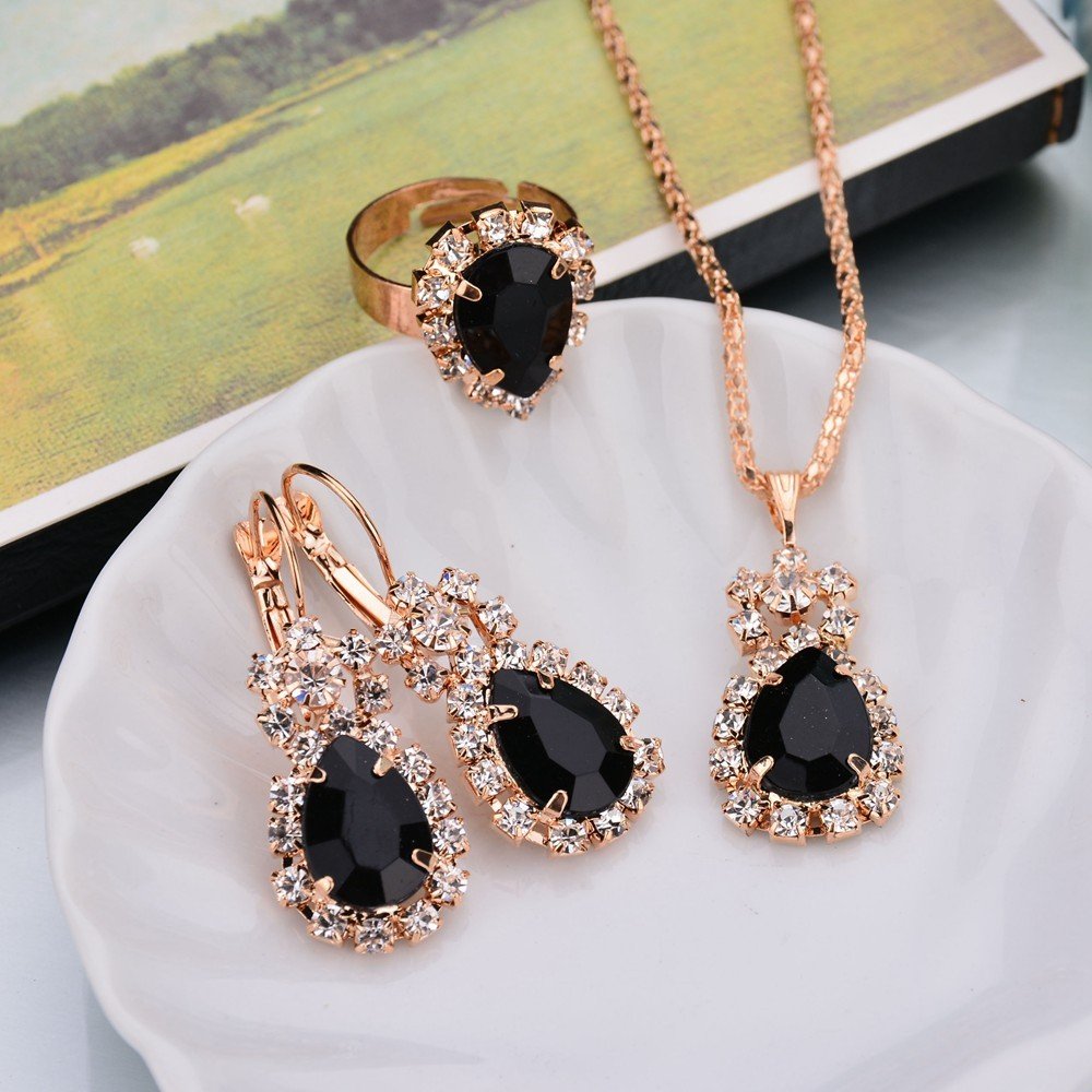 3203151230_846008201.jpg Europe And The United States Personalized Water Drop Color Diamond Necklace, Earrings, Rings Set, Shiny High-end Bridal Jewelry Wholesale - Image 2