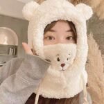 Cute Bear Plush Hat Winter Warm Thickened Scarf With Mask Anf Drawstring Design - Image 5