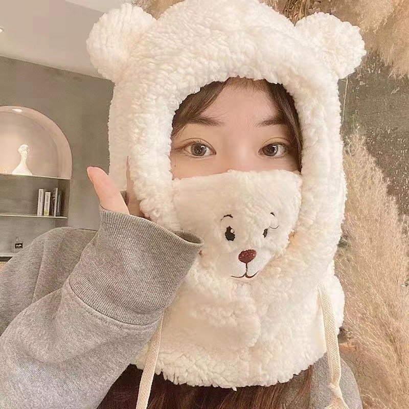 3547a774-1005-4df1-8f07-cb05a0640b45.jpg Cute Bear Plush Hat Winter Warm Thickened Scarf With Mask Anf Drawstring Design - Image 5