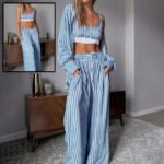 Women's 3 Piece Suit  Y2K Aesthetic Striped Tank Top Long Sleeve Shirt And Elastic Waist Stretch Trousers For Casual Wear