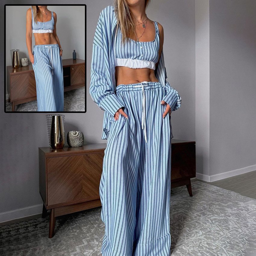 37dbc72a-02e5-4c1c-bad5-58eb656319f8.jpg Women's 3 Piece Suit  Y2K Aesthetic Striped Tank Top Long Sleeve Shirt And Elastic Waist Stretch Trousers For Casual Wear - Image 1