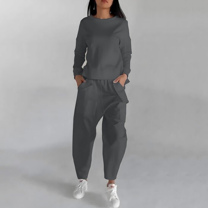 Solid Color Fashion Sweatshirt Long Sleeve Back Slit Top With Pockets Loose Trousers Women's Clothing - Image 2