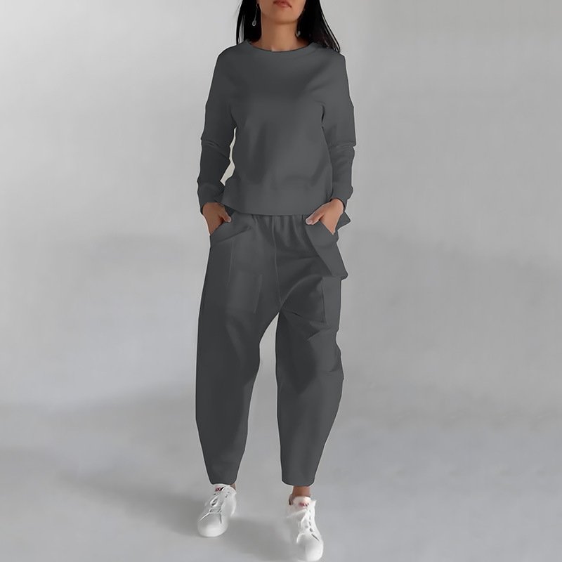 3c3a89ba-1b9a-40a4-8c3c-7e87f19f0b72.jpg Solid Color Fashion Sweatshirt Long Sleeve Back Slit Top With Pockets Loose Trousers Women's Clothing - Image 2