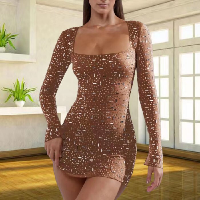 Sequin Colorful Sequined Micro-elastic Tight Sleeveless Square Collar Dress - Image 4