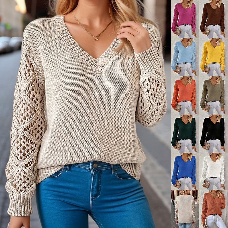 3edcb6c8-afa3-4311-8653-9e2025ade94a.jpg Loose Hollow Knitted Sweater Long-sleeved Pullover V-neck Top Women's Clothing - Image 1