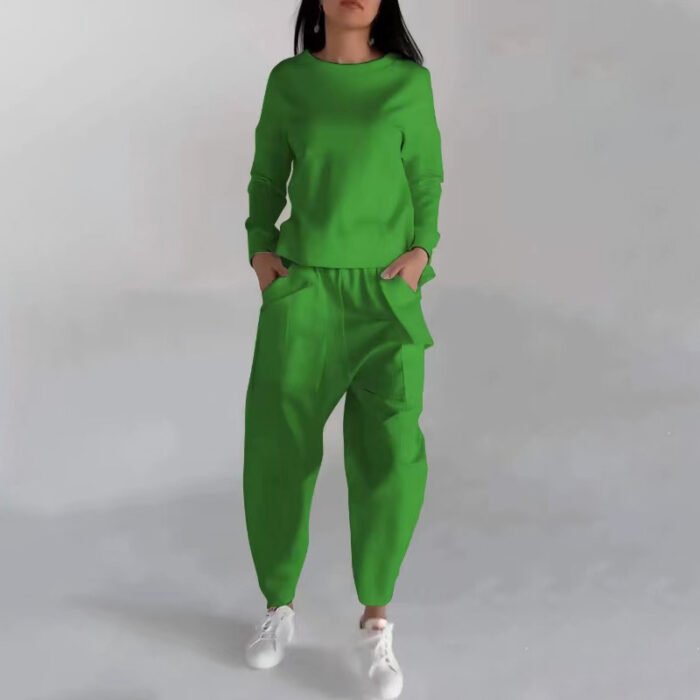 Solid Color Fashion Sweatshirt Long Sleeve Back Slit Top With Pockets Loose Trousers Women's Clothing - Image 5