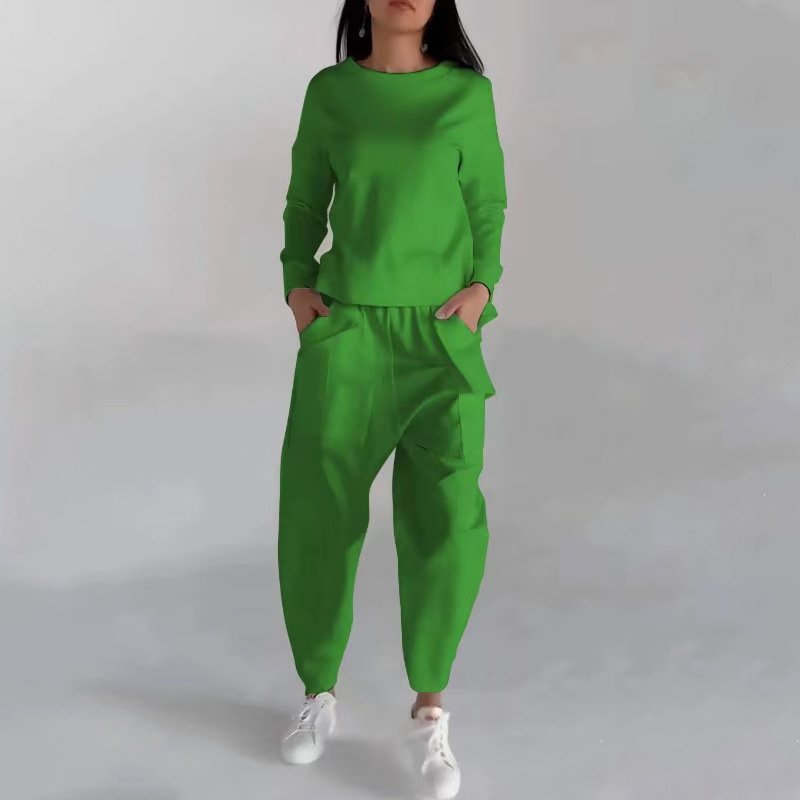 424a7381-0ded-4e0e-b2bf-b261141e3d04.jpg Solid Color Fashion Sweatshirt Long Sleeve Back Slit Top With Pockets Loose Trousers Women's Clothing - Image 5