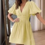 European And American Elegant Dress Sweet Waist Trimming Dress V-Neck Lantern Sleeve Dress Women's Summer Sun Dresses Evening Dress - Image 2