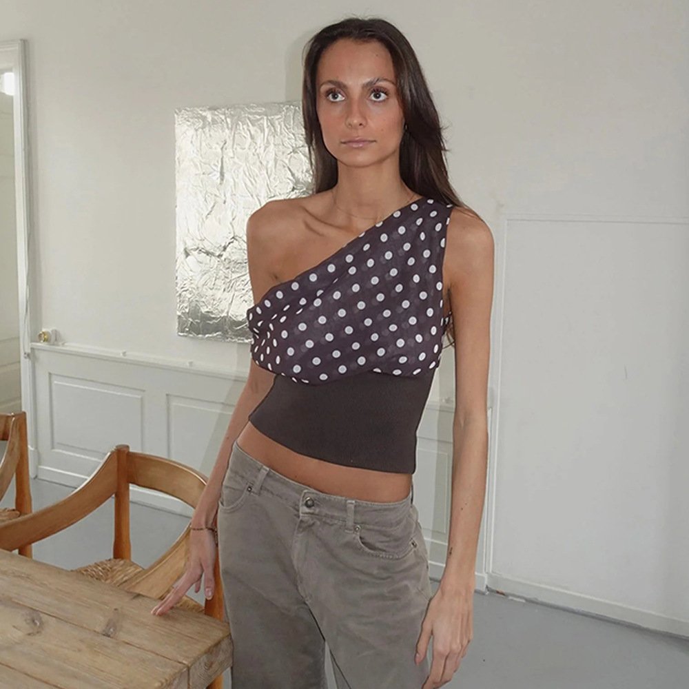 43f28b44-64c9-4368-bb63-2fd5fed3c0ed.jpg Polka Dots Print Oblique Shoulder Tops Summer Patchwork Chiffon Crop Top Women Sexy Sleeveless Lace Up Backless Blouse Casual Streetwear Tee - Image 3