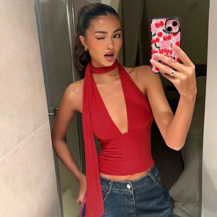 Deep V-neck Halter Tops Summer Fashion Y2K Sleeveless T-shirt For Women Clothing - Image 8